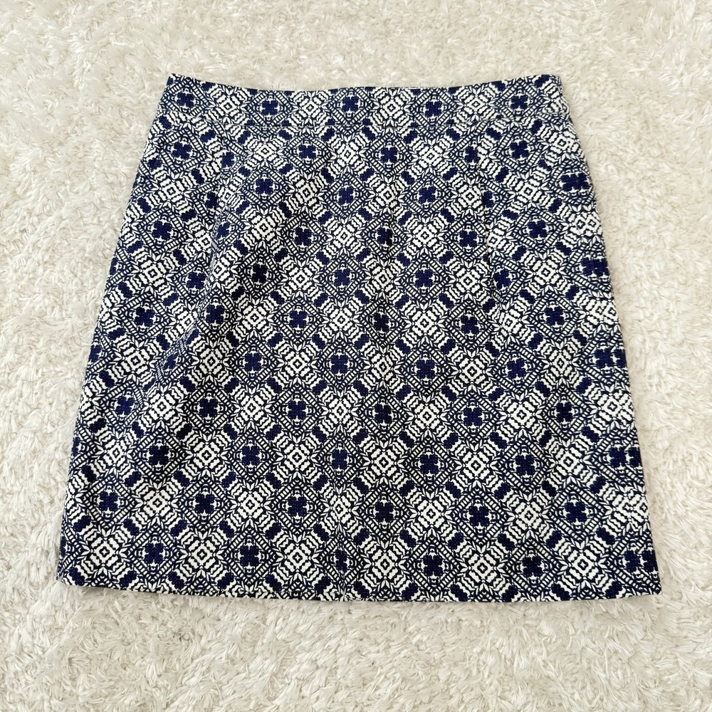 J Crew Skirt Womens 00 Blue White Geometric Pattern Cotton Lined A0111 Classic